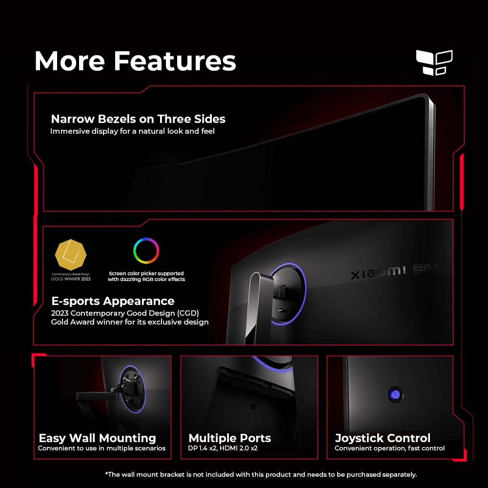 Xiaomi G34WQI 34 Inch Curved Desktop Gaming Monitor 180 Hz Refresh 21:9 Aspect DP1.4 / HDMI 2.0 Ports Gaming Office