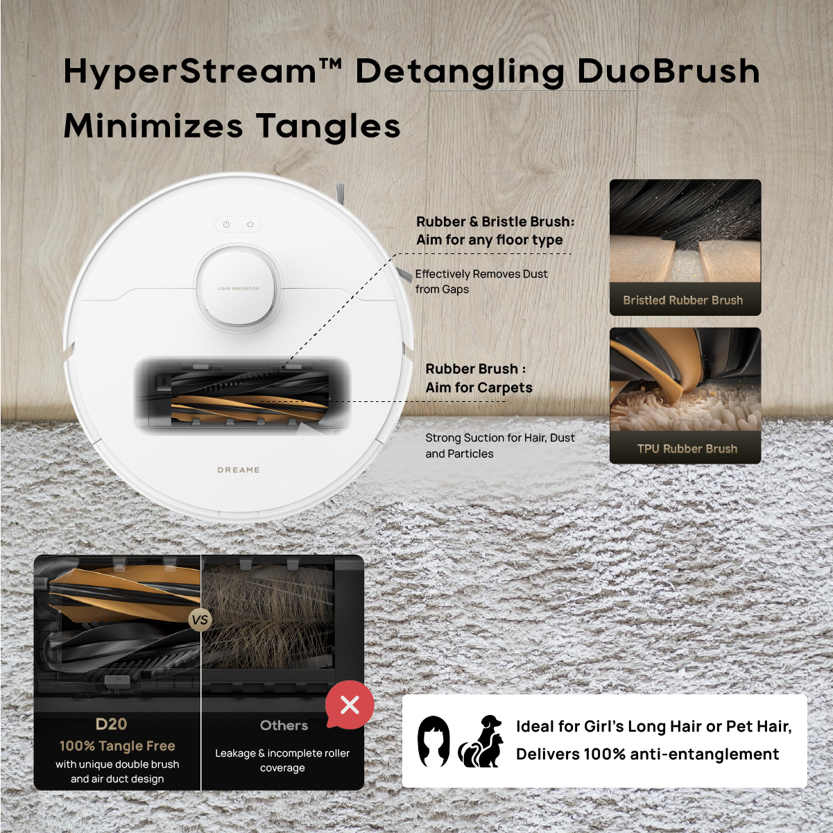 【NEW LAUNCH】Dreame D20 Robot Vacuum | 2-IN-1 Vacuum and Mop | 13,000Pa Suction Power | HyperStream™ Detangling DuoBrush