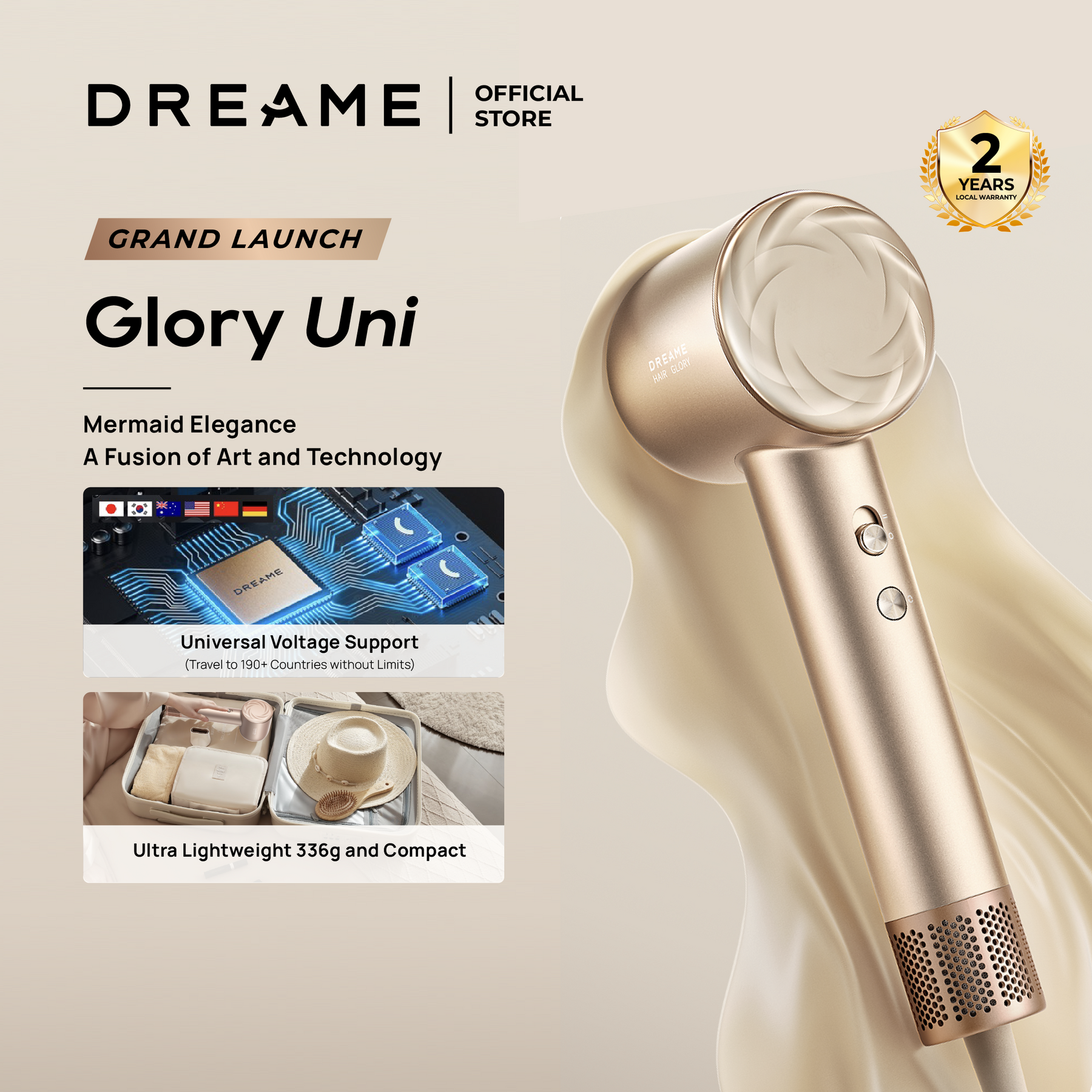 Dreame Hair Glory Uni Hair Dryer | SmartVolt™ Global Voltage Compatible | Ultra Lightweight 358g For Comfortable Use