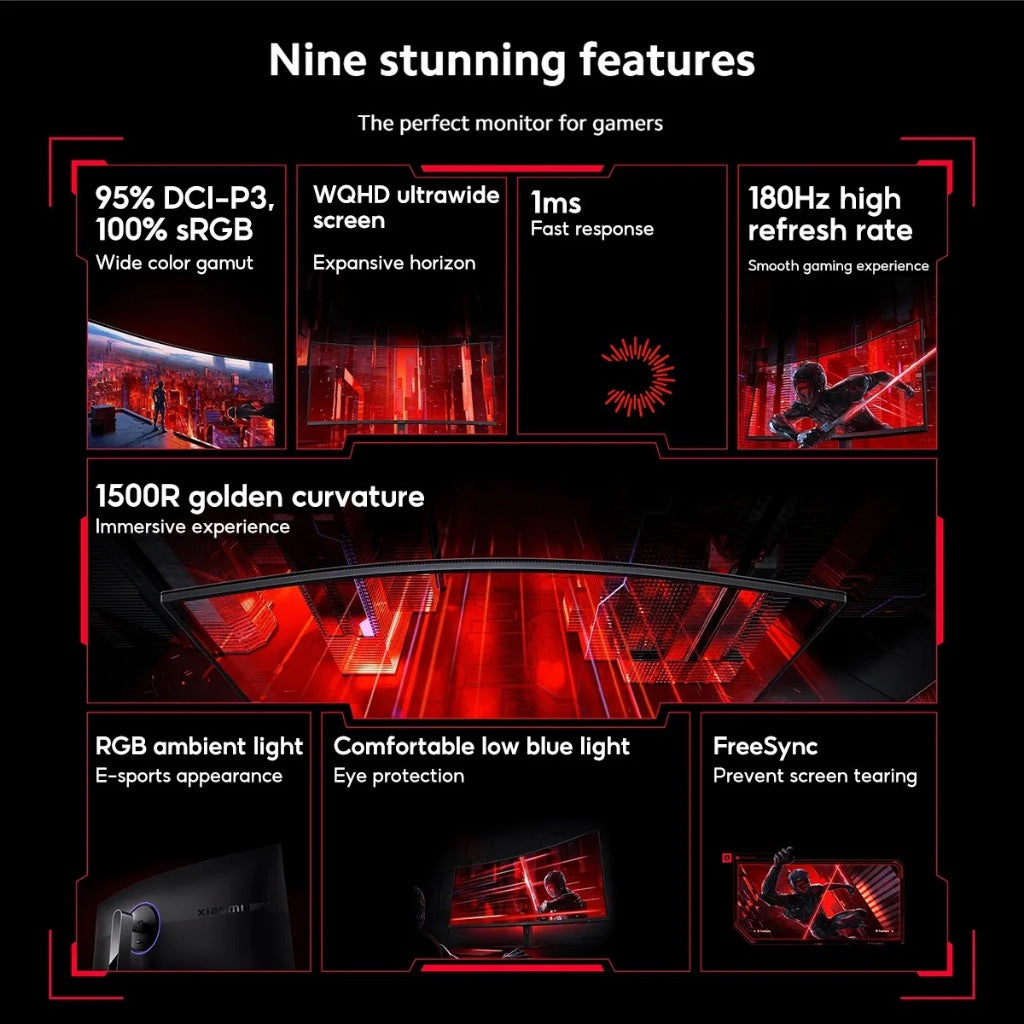 Xiaomi G34WQI 34 Inch Curved Desktop Gaming Monitor 180 Hz Refresh 21:9 Aspect DP1.4 / HDMI 2.0 Ports Gaming Office