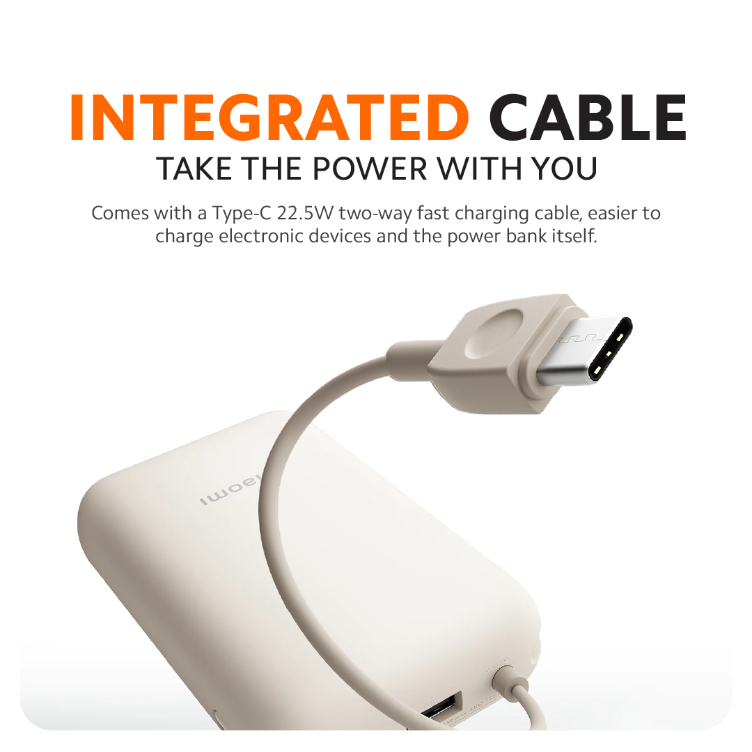 Xiaomi Power Bank 10000mAh (Integrated Cable) | 22.5W Max Power | Type-C Two Way Fast Charging | Pocket-Sized