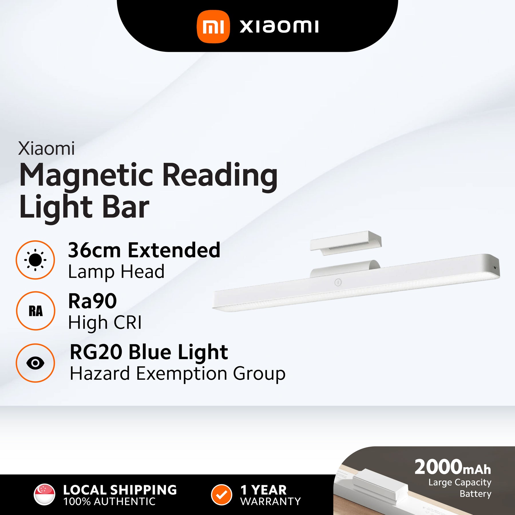 Xiaomi Magnetic Reading Light Bar | 36cm Wide-Angle LED | 3-Level Dimmable Touch Control | 2000mAh Rechargeable Battery