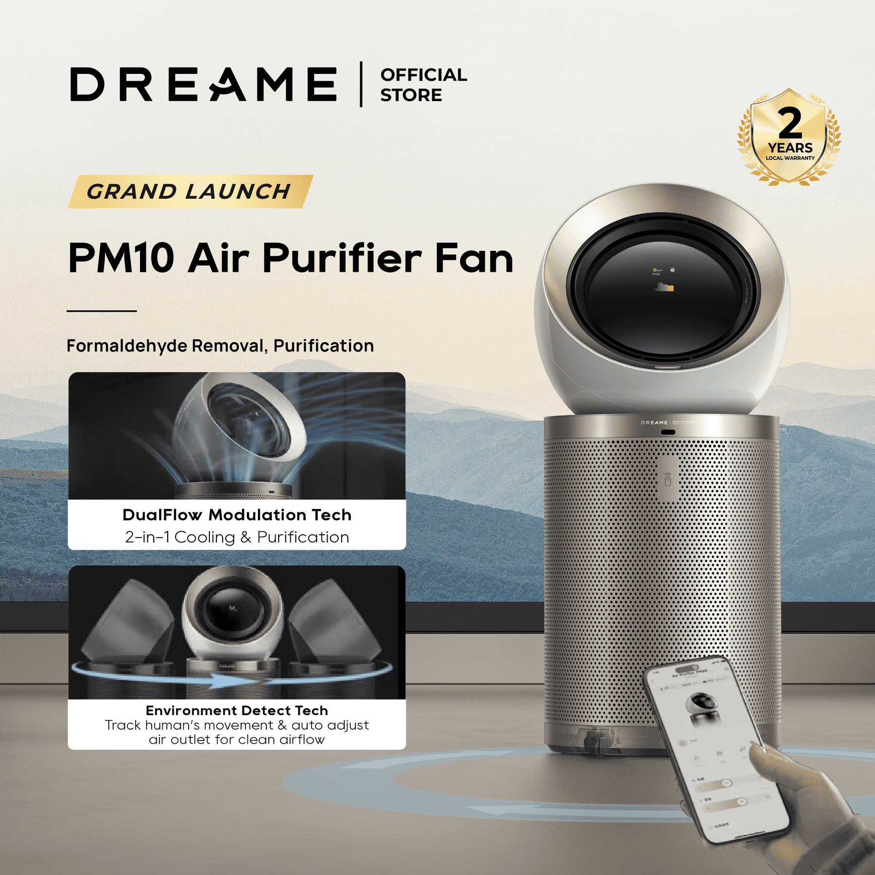 【GRAND LAUNCH】Dreame PM10 Air Purifier Fan Powered By DC Fan|DualAirflow Modulation & Environment Detect | H13 Hepa
