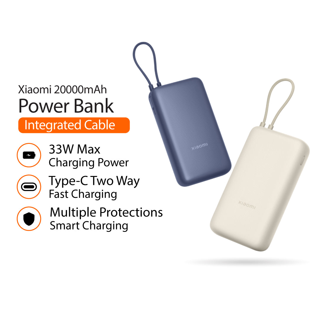 Xiaomi Power Bank 20000mAh (Integrated Cable) | 33W Max Power | Type-C Two Way Fast Charging | Durable Build