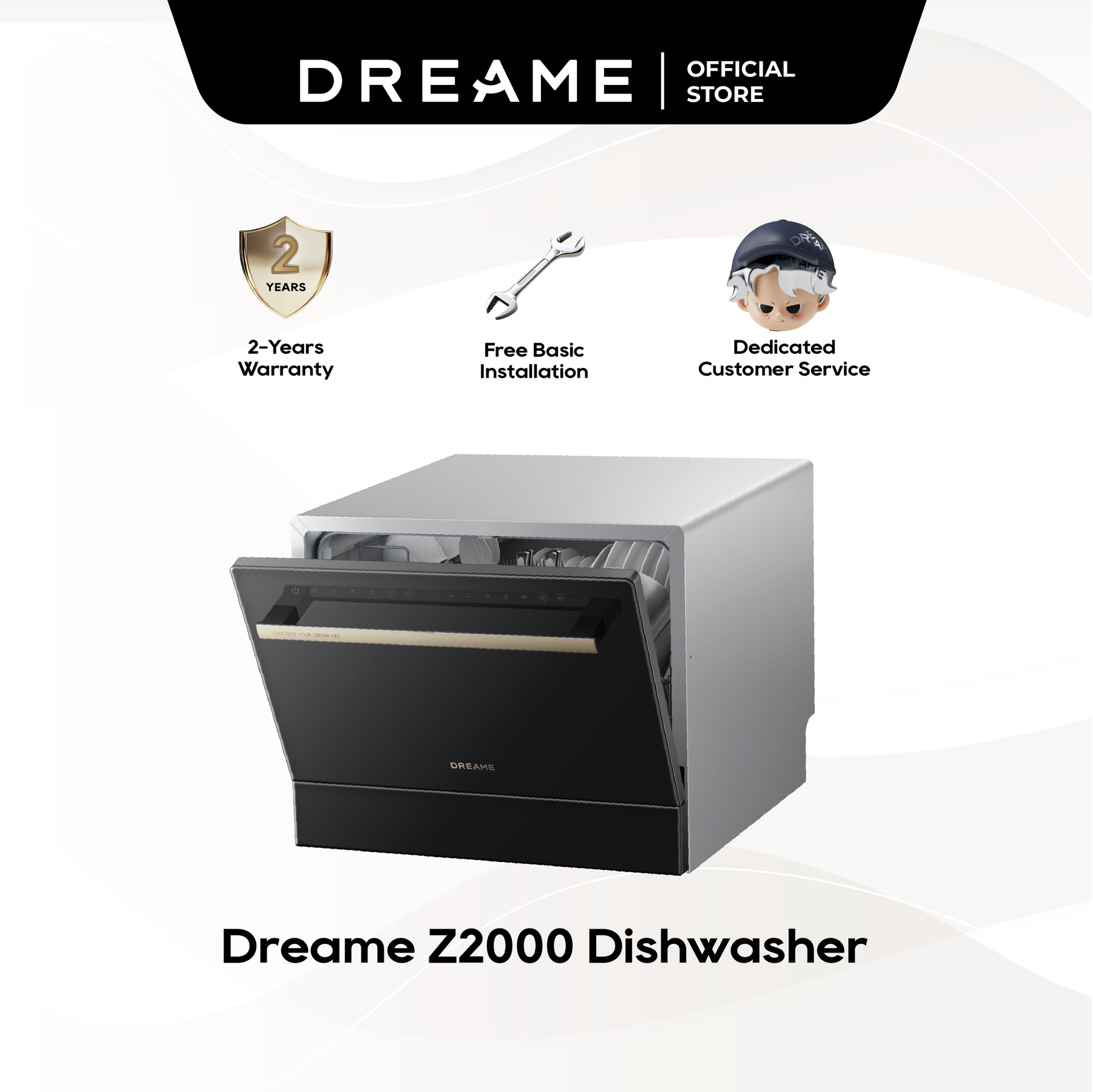 Dreame Z2000 Dishwasher | PTC Hot Air Drying | UV Sterilization | 72°C Hot Dual Spray | Compact Tabletop | 7.1L