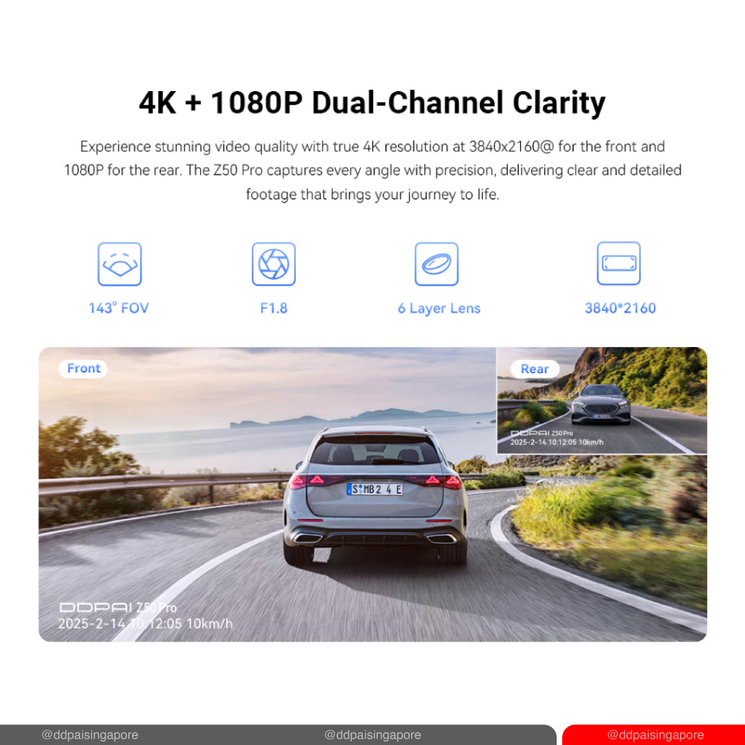 DDPAI Z50 Pro 4K GPS Front & Rear Super Capacitor Dash Cam with 4G Connectivity & ADAS