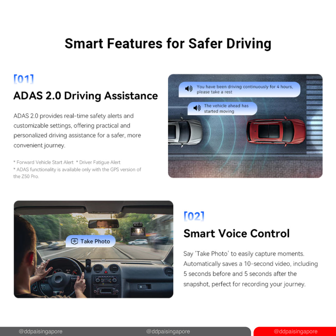 DDPAI Z50 Pro 4K GPS Front & Rear Super Capacitor Dash Cam with 4G Connectivity & ADAS