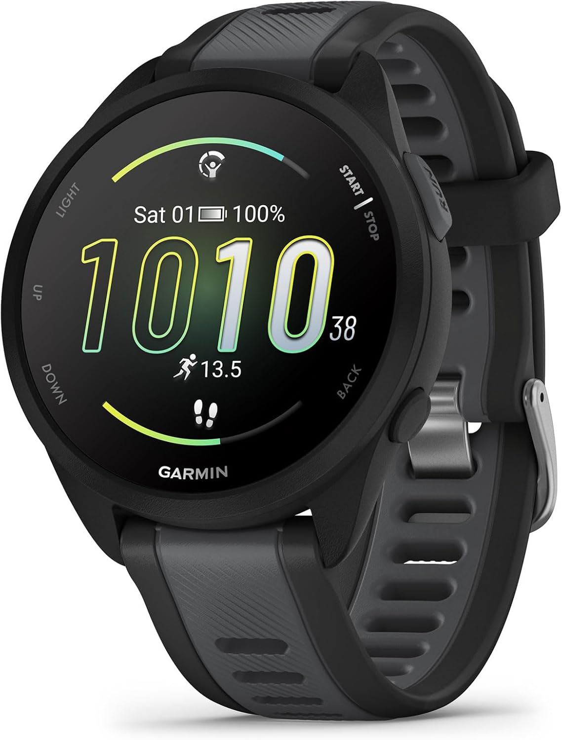GARMIN Forerunner 165 Lightweight GPS Running Smart Watch, with AMOLED Touch Screen, Training Recommendations, Health Data, Smart Functions Slate Grey / White Stone