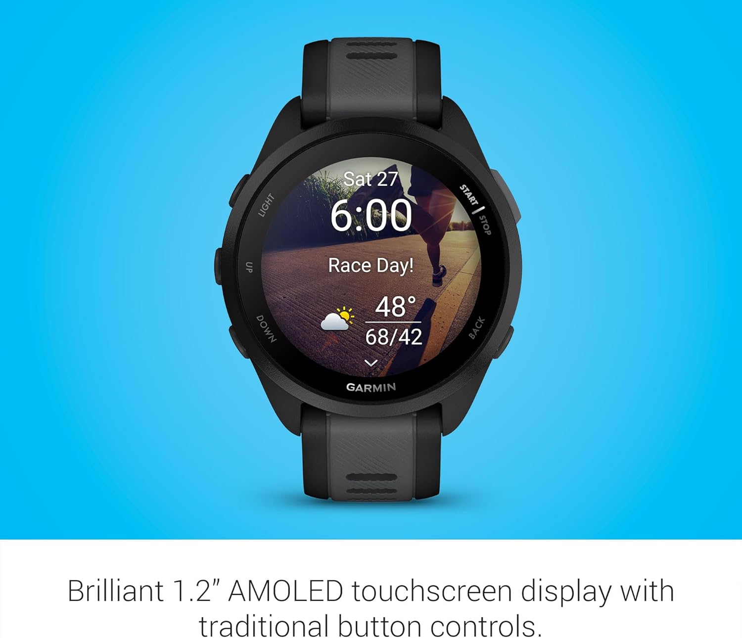 GARMIN Forerunner 165 Lightweight GPS Running Smart Watch, with AMOLED Touch Screen, Training Recommendations, Health Data, Smart Functions Slate Grey / White Stone