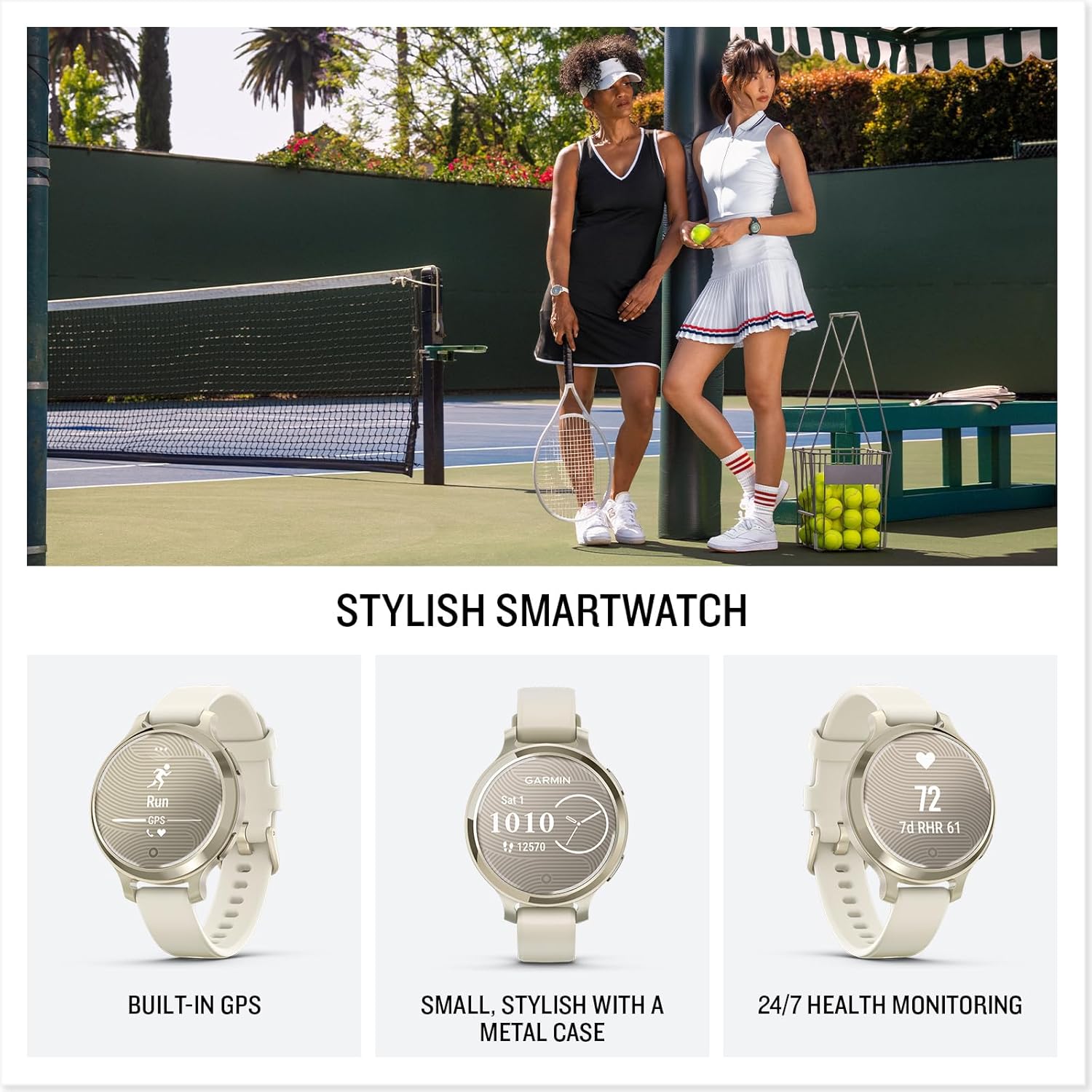 Garmin Lily 2 Active GPS 35mm Smartwatch, Stylish Smaller watch, Fitness Tracker with Hidden Display, Sports apps,Patterned Lens, Bright Touchscreen Display, up to 9 days battery life, Cream Gold
