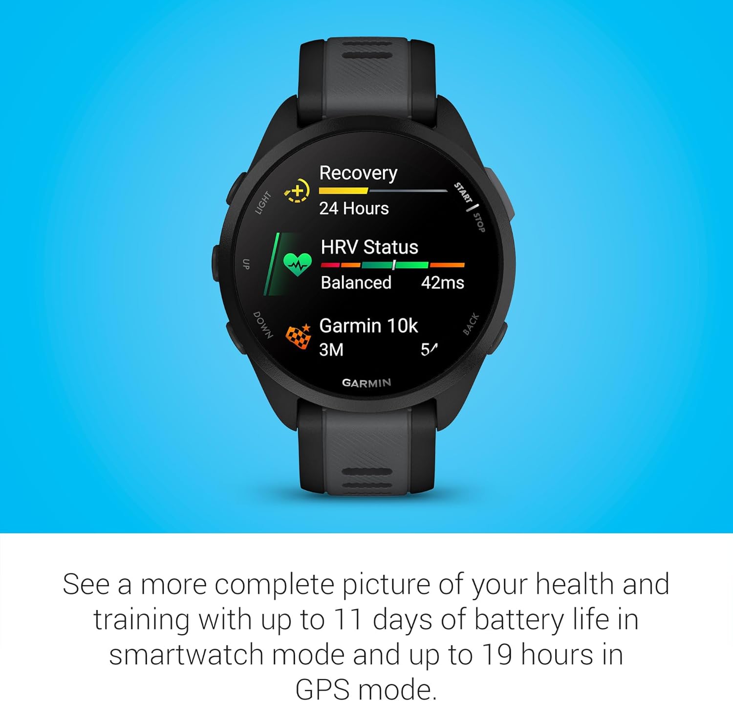 GARMIN Forerunner 165 Lightweight GPS Running Smart Watch, with AMOLED Touch Screen, Training Recommendations, Health Data, Smart Functions Slate Grey / White Stone