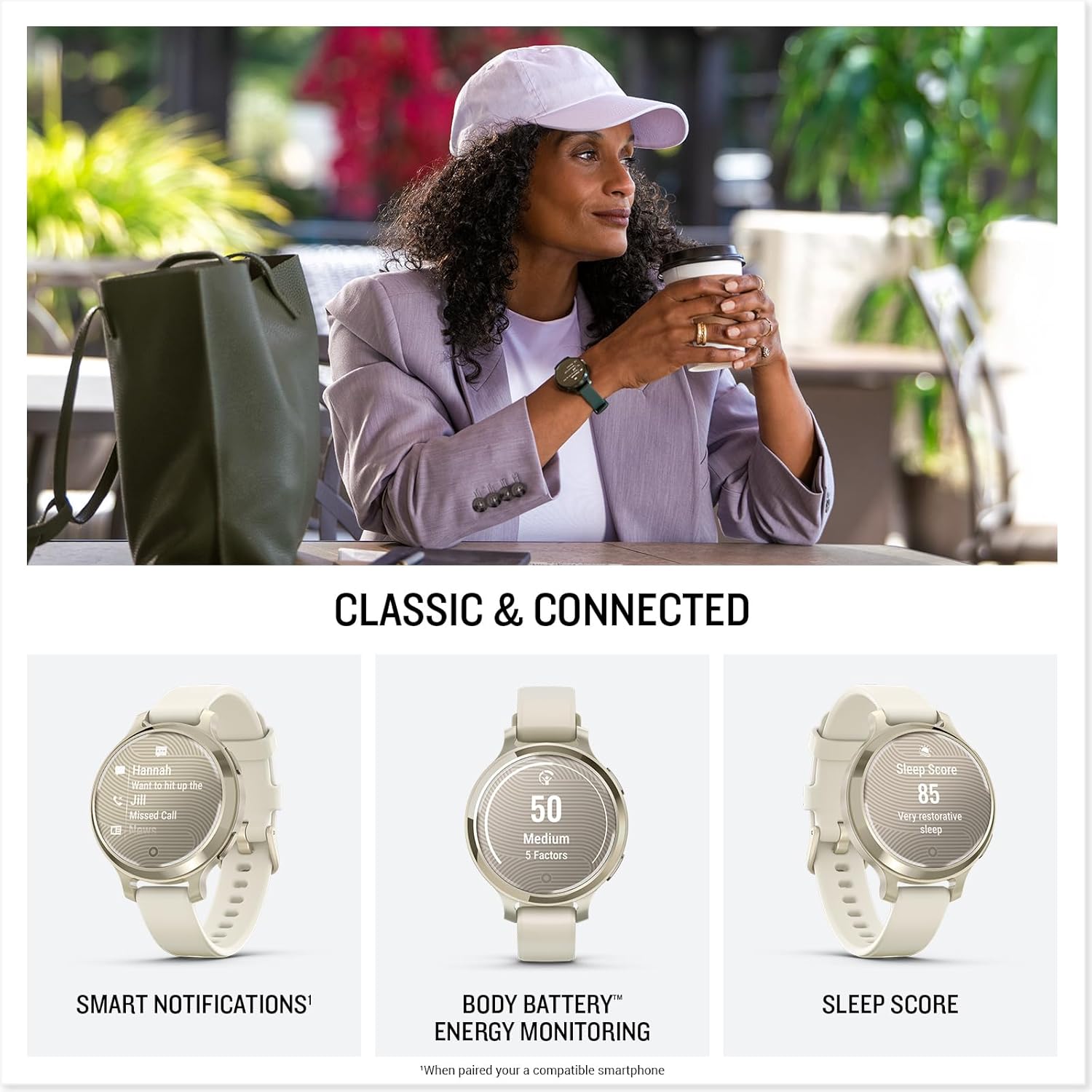 Garmin Lily 2 Active GPS 35mm Smartwatch, Stylish Smaller watch, Fitness Tracker with Hidden Display, Sports apps,Patterned Lens, Bright Touchscreen Display, up to 9 days battery life, Cream Gold