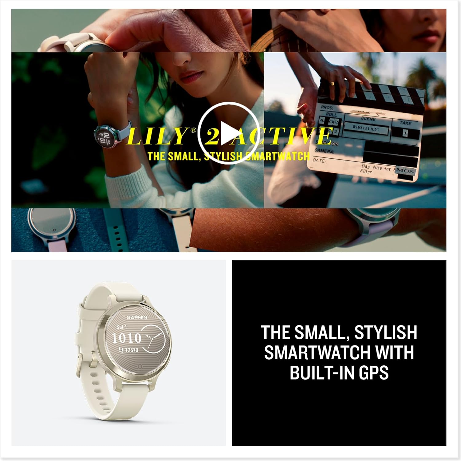 Garmin Lily 2 Active GPS 35mm Smartwatch, Stylish Smaller watch, Fitness Tracker with Hidden Display, Sports apps,Patterned Lens, Bright Touchscreen Display, up to 9 days battery life, Cream Gold