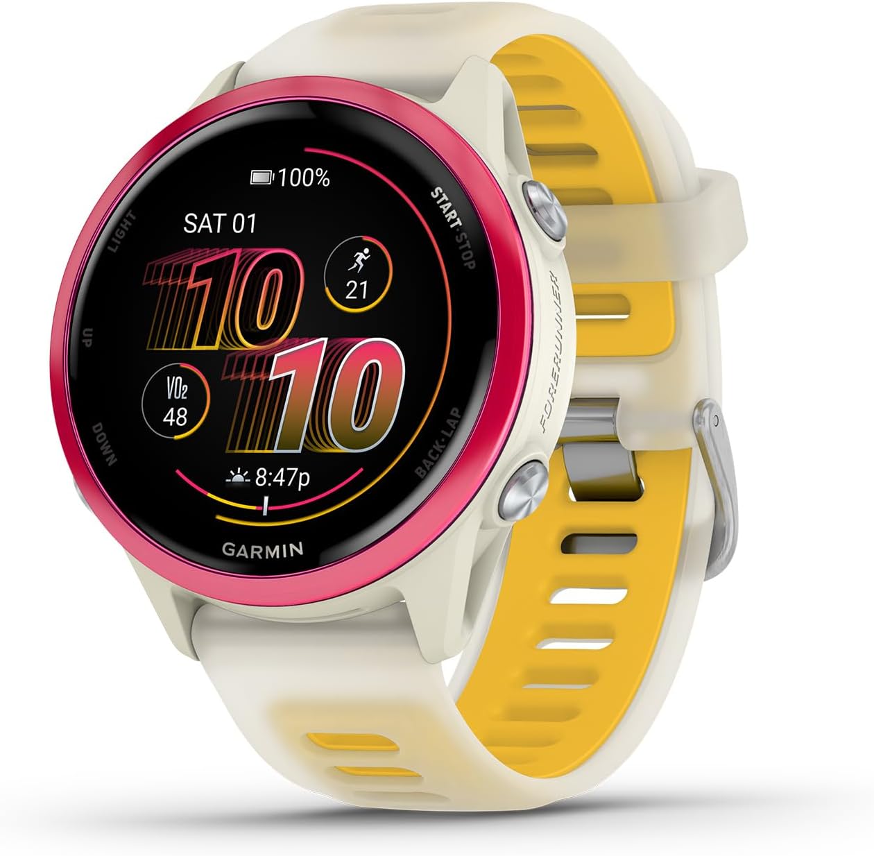 Garmin® Forerunner® 570, 42mm, Advanced GPS Running and Triathlon Smartwatch, AMOLED Display, Training and Recovery Features, Slate Gray Aluminum with Translucent Black/ Blue / Mango 42MM