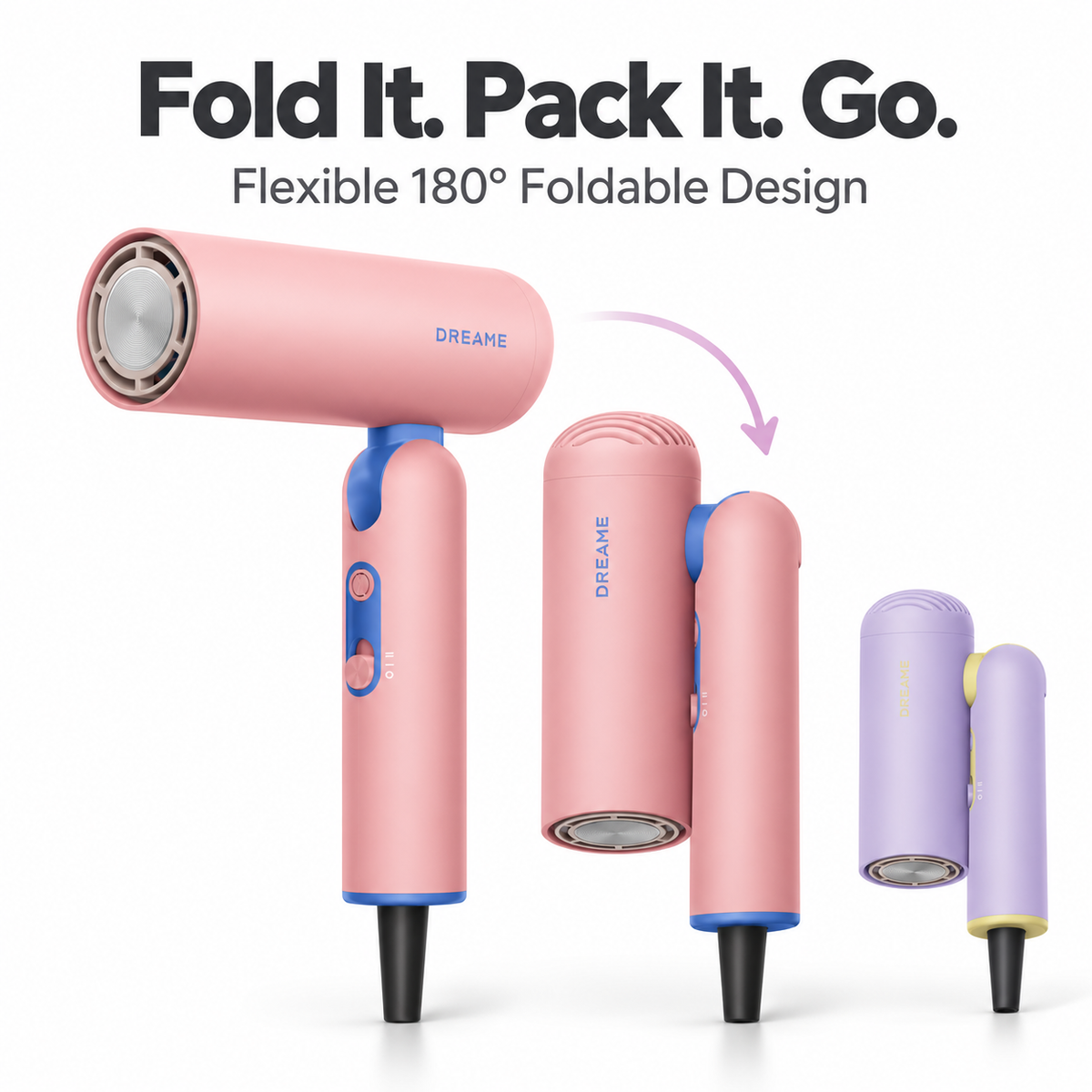 Dreame Pocket Cake High-Speed Hair Dryer | 110,000RPM | 70m/s Airflow | 350M Plasma Ions | Foldable Travel Size | Global Voltage 100–240V | With Diffuser