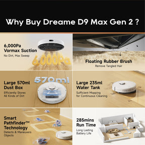 Dreame D9 Max Gen 2 Robot Vacuum and Mop | 6000Pa Vormax Suction | 285 Mins Run Time | Obstacle Avoidance