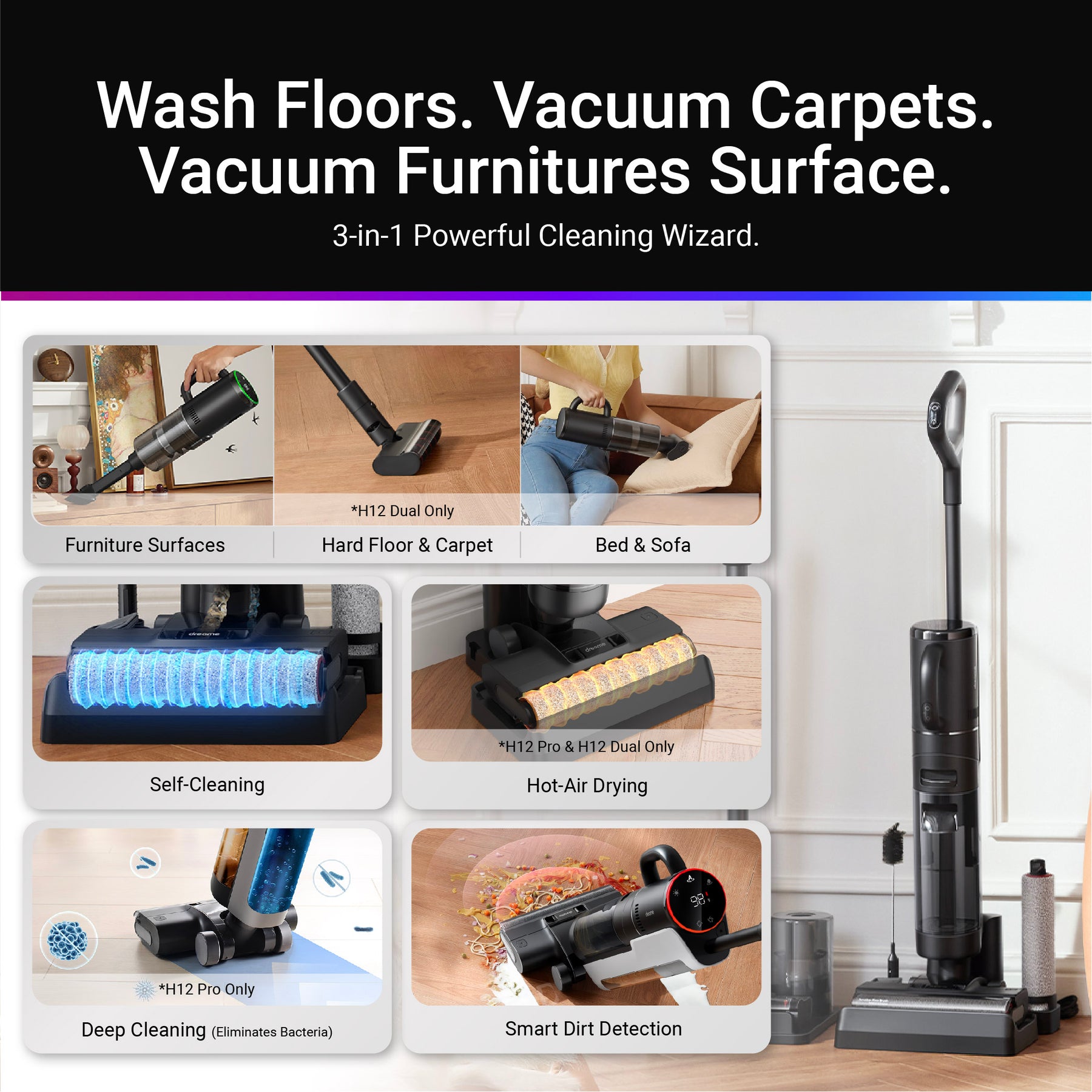 Dreame H12 Dual Wet and Dry Cordless Vacuum Cleaner | Hot-Air Drying | Multiple Attachments | 2 Years Warranty