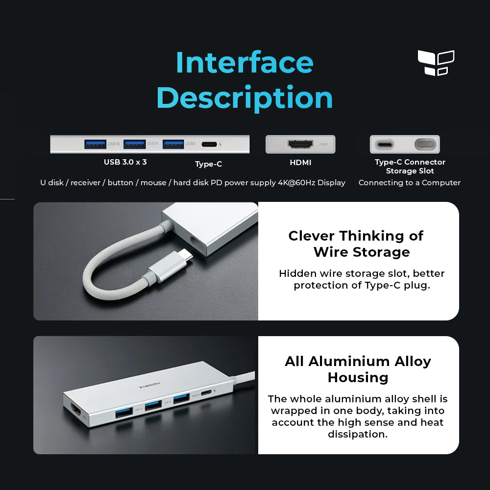 Xiaomi 5IN1 Docking Station USB Hub Type C HDMI 4K Laptop Adapter Data Transfer Charging Windows Andriod Mac Interface