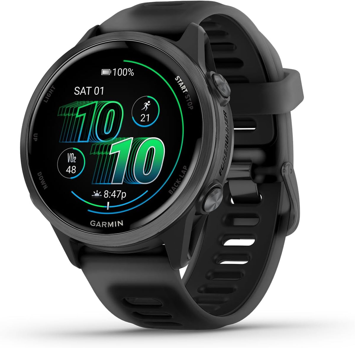 Garmin® Forerunner® 570, 42mm, Advanced GPS Running and Triathlon Smartwatch, AMOLED Display, Training and Recovery Features, Slate Gray Aluminum with Translucent Black/ Blue / Mango 42MM