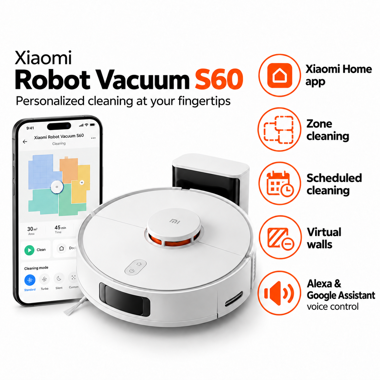 Xiaomi Robot Vacuum S60 | 2 in 1 Vacuum & Mop | 28000Pa Suction | LDS Laser Navigation | 285min Runtime | Anti Tangle