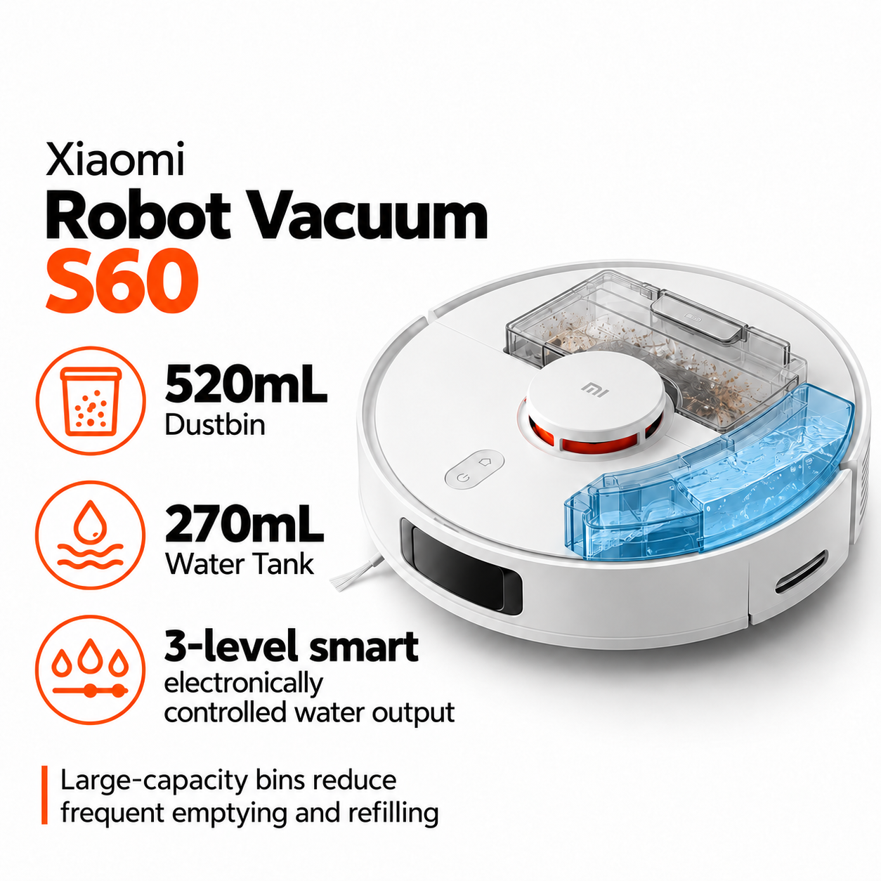 Xiaomi Robot Vacuum S60 | 2 in 1 Vacuum & Mop | 28000Pa Suction | LDS Laser Navigation | 285min Runtime | Anti Tangle