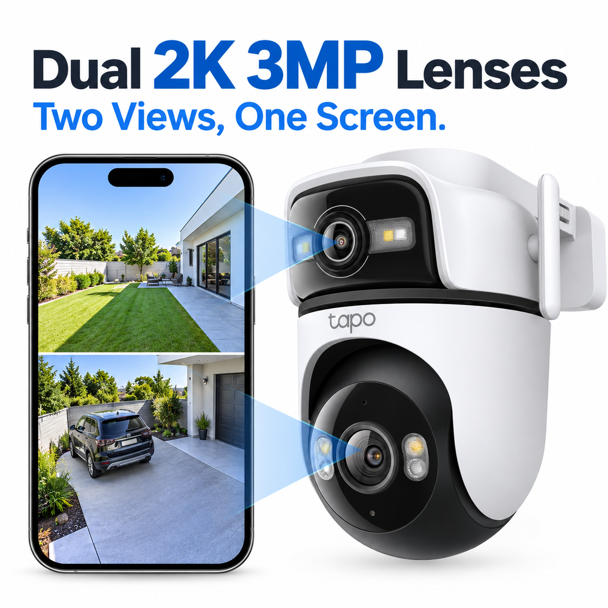 Tapo C545D Outdoor Dual Lens Pan/Tilt Security Camera | 2K 3MP + 2K 3MP, 165° Wide-Angle & 6 mm Telephoto, Smart Tracking, Wi-Fi 6 & Ethernet, IP66