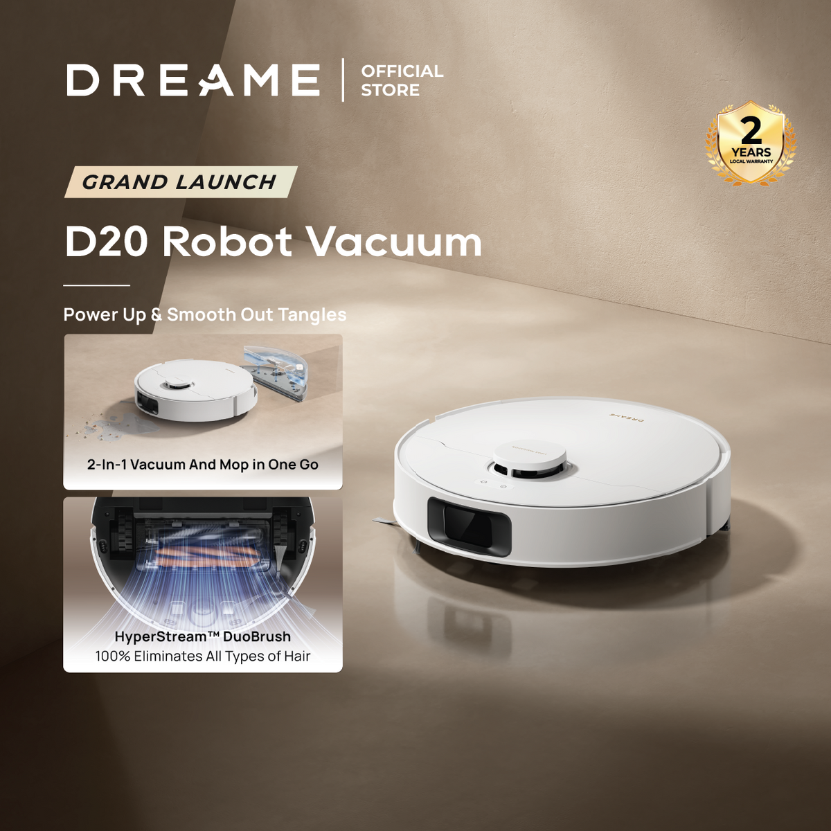 【NEW LAUNCH】Dreame D20 Robot Vacuum | 2-IN-1 Vacuum and Mop | 13,000Pa Suction Power | HyperStream™ Detangling DuoBrush