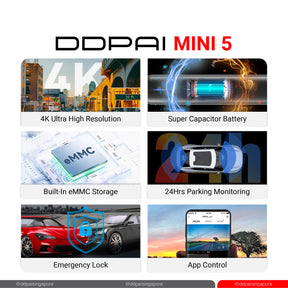 DDPAI Dash Cam Mini 5 4K 2160P HD DVR Car Camera Hidden Android Wifi 4G Connect Auto Video Recorder Dashcam