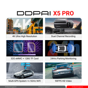 DDPAI X5 Pro Dash Cam 4K UHD Dual Cam Recorder WiFi DVR 4G Connection Dashcam