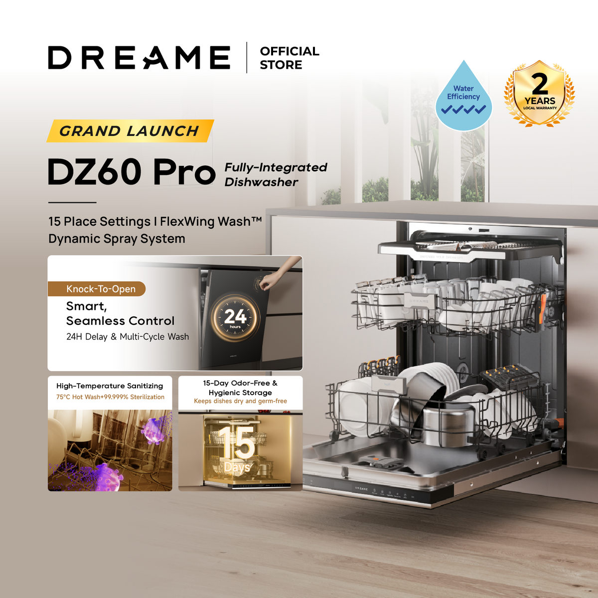 [New Launch] Dreame DZ60 Pro Fully-integrated Dishwasher | 15 Place Settings | FlexWing Spray Arm | 4-tick Water Efficiency Rating