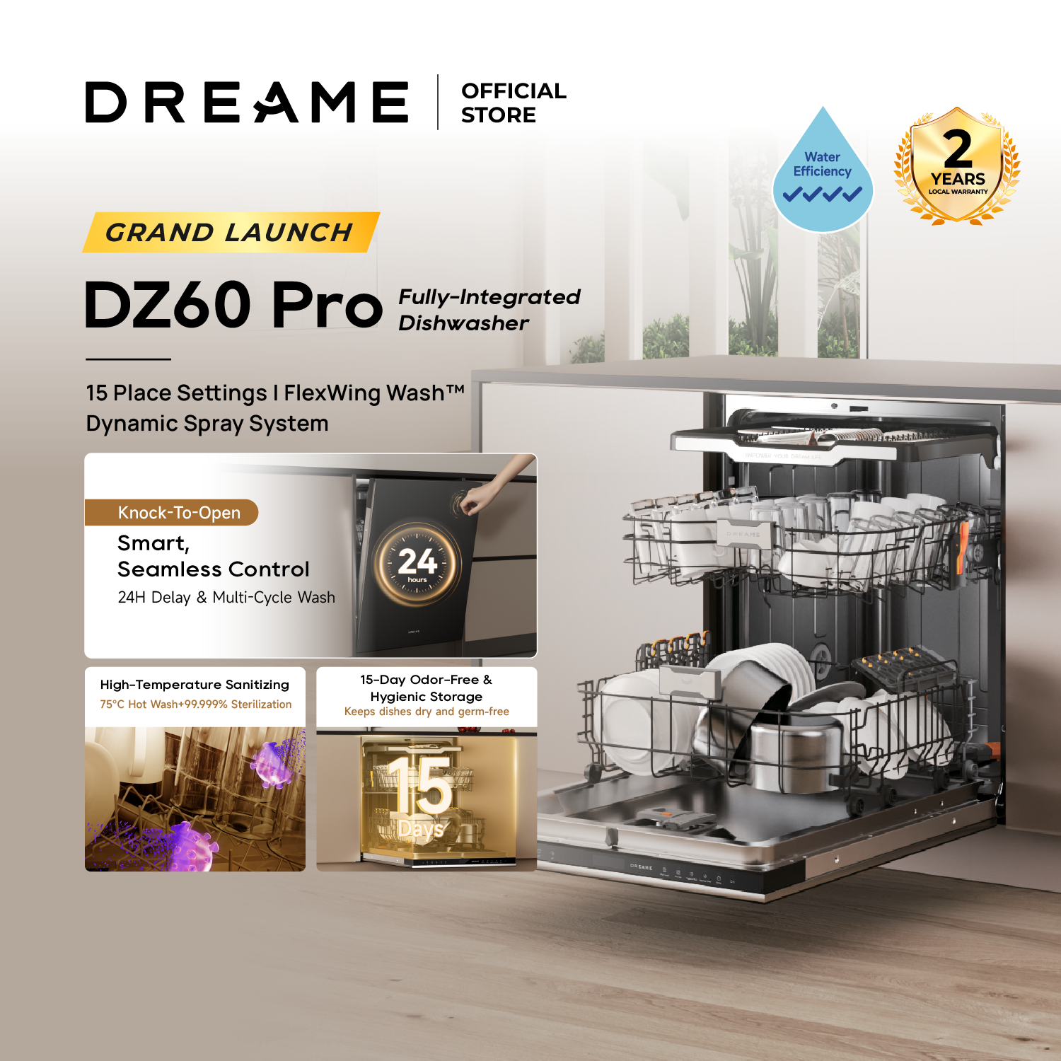 [New Launch] Dreame DZ60 Pro Fully-integrated Dishwasher | 15 Place Settings | FlexWing Spray Arm | 4-tick Water Efficiency Rating