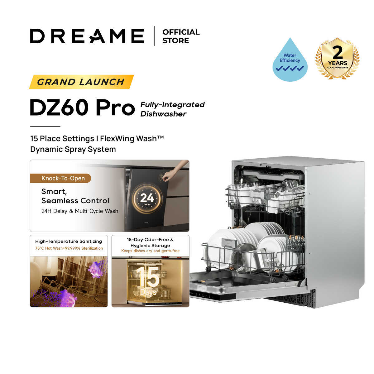 [New Launch] Dreame DZ60 Pro Fully-integrated Dishwasher | 15 Place Settings | FlexWing Spray Arm | 4-tick Water Efficiency Rating
