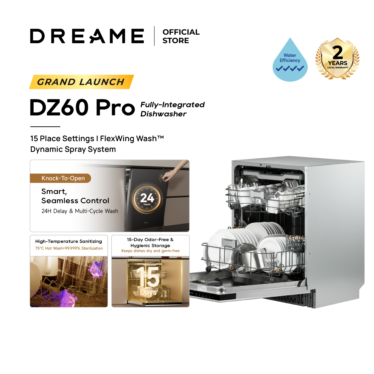 [New Launch] Dreame DZ60 Pro Fully-integrated Dishwasher | 15 Place Settings | FlexWing Spray Arm | 4-tick Water Efficiency Rating