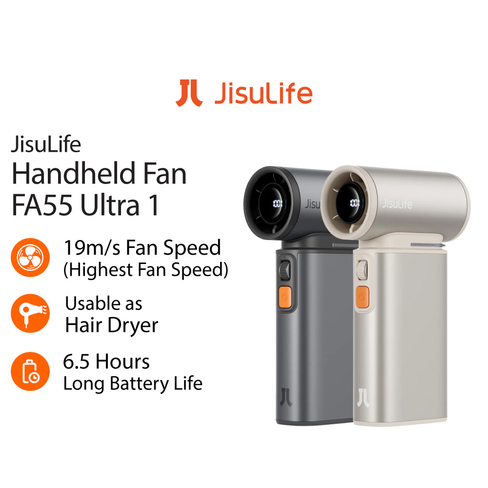 JISULIFE Portable FA55 Rechargeable Strongest Handheld Fan Wind 100 Gear Hair Dryer 6 Hours Battery