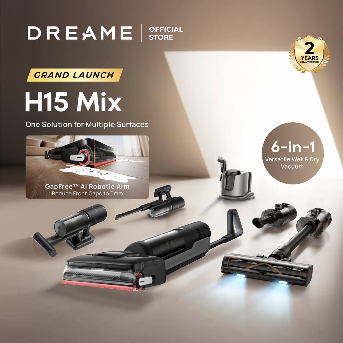 【GRAND LAUNCH】Dreame H15 Mix Wet and Dry Cordless Vacuum Cleaner | 6-IN-1 Versatile Vacuum | GapFree™AIDescendReachRoboticArm | TangleCut™2.0ResilientScraper