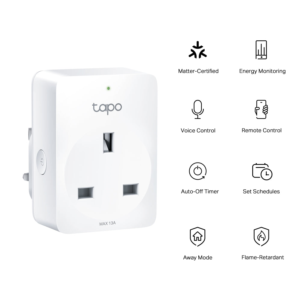 Tapo P110M Mini Smart Wi-Fi Plug with Energy Monitoring | Matter Certified | Works with Apple Home, Alexa & Google | 13A | Schedule & Auto-Off Timer