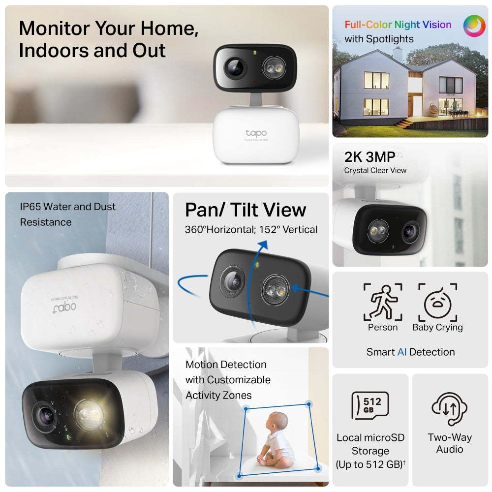 [LATEST] TP Link TAPO C216 Indoor Outdoor CCTV Camera AI Motion Detect Baby Cry Monitor 512GB Storage 2K 3MP