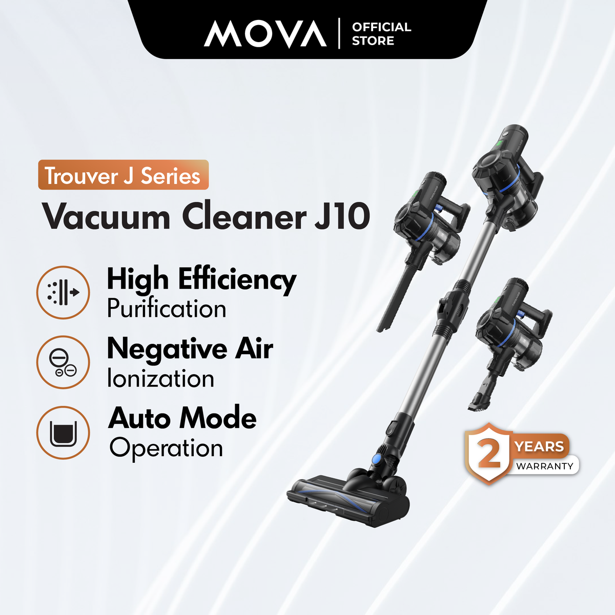 【2 Years Warranty】MOVA J10 Cordless Stick Vacuum | LED Light | Ultra Lightweight | 97% Filtration | Flexible Cleaning