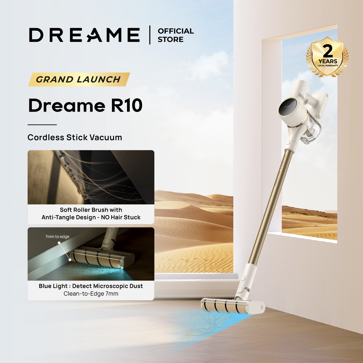 Dreame R10(2025) Cordless Vacuum Cleaner | Brush Head with Celeste Blue Light | Anti-Tangle Design