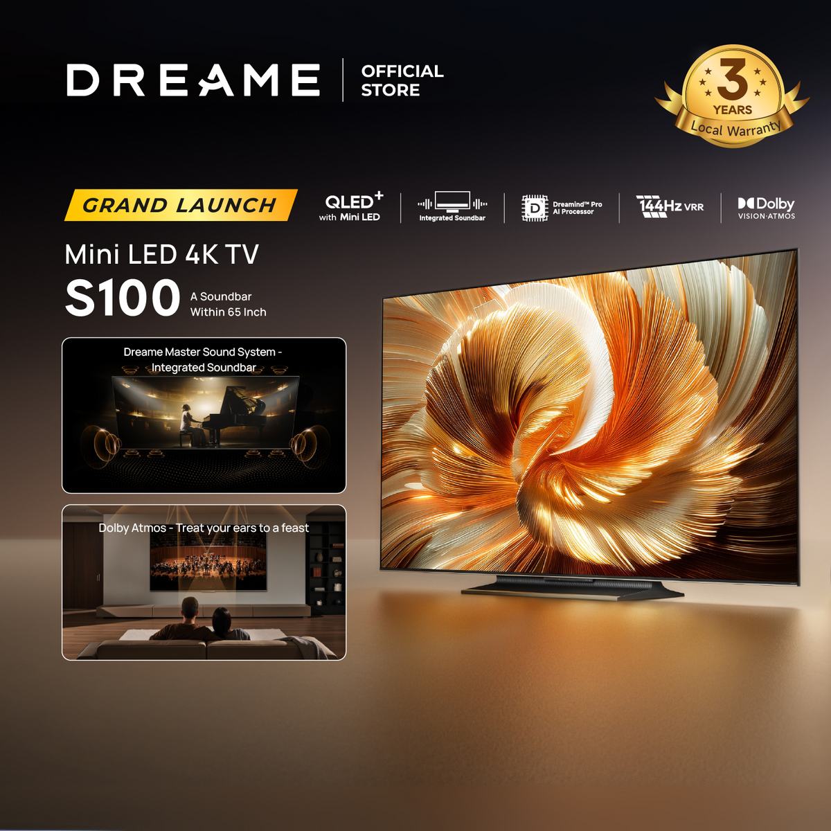 [New Launch] Dreame S100 Mini-LED 4K TV - 65 Inch | Dreame Master Sound System - Integrated Soundbar | Multiple Eye Care - Caring for Your Vision's Future