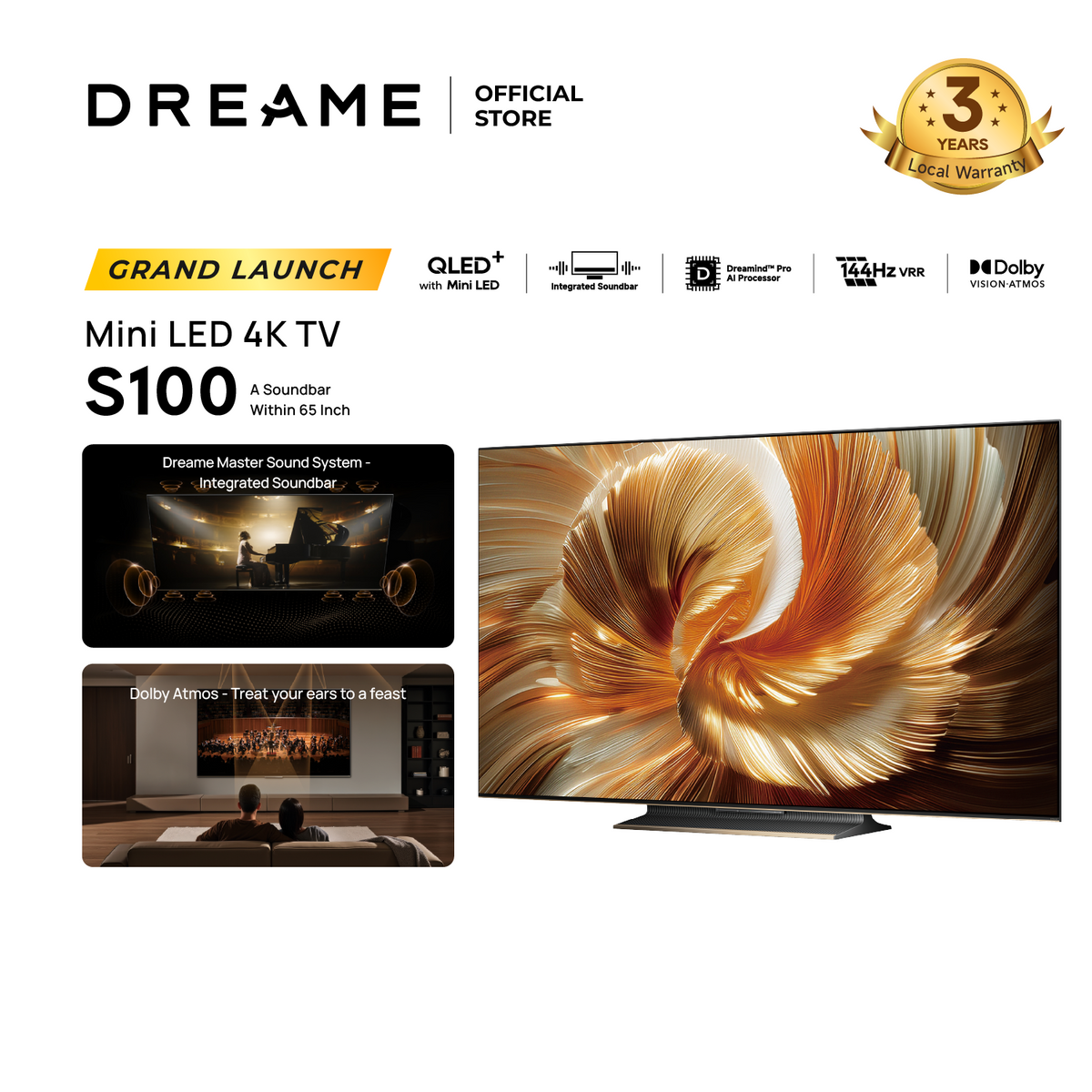 [New Launch] Dreame S100 Mini-LED 4K TV - 65 Inch | Dreame Master Sound System - Integrated Soundbar | Multiple Eye Care - Caring for Your Vision's Future