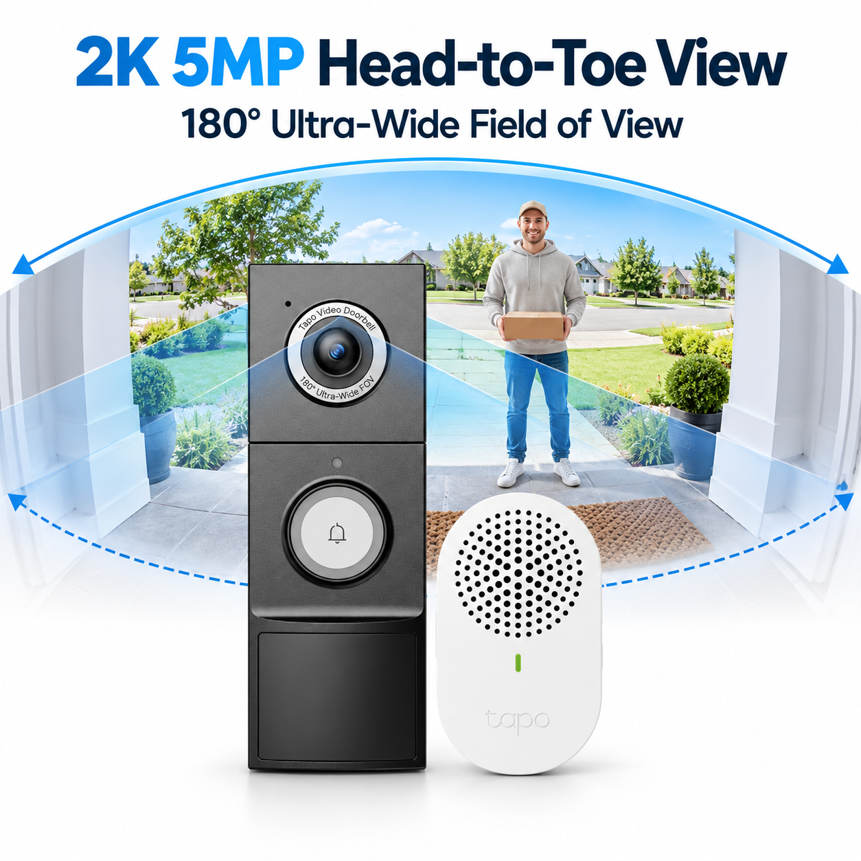 Tapo D235 2K 5MP Video Doorbell Camera with Chime | 180° Head-to-Toe View | Battery or Hardwired | Colour Night Vision | Smart AI Detection