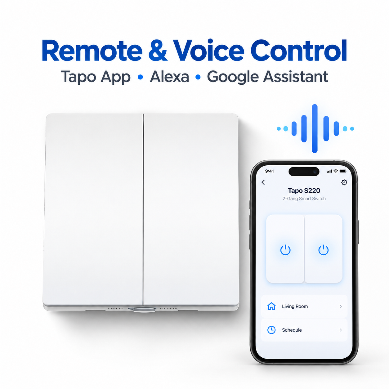 Tapo S220 Smart Light Switch 2-Gang 1-Way | No Neutral Wire Needed | Battery-Powered | App & Voice Control | Tapo Hub Required