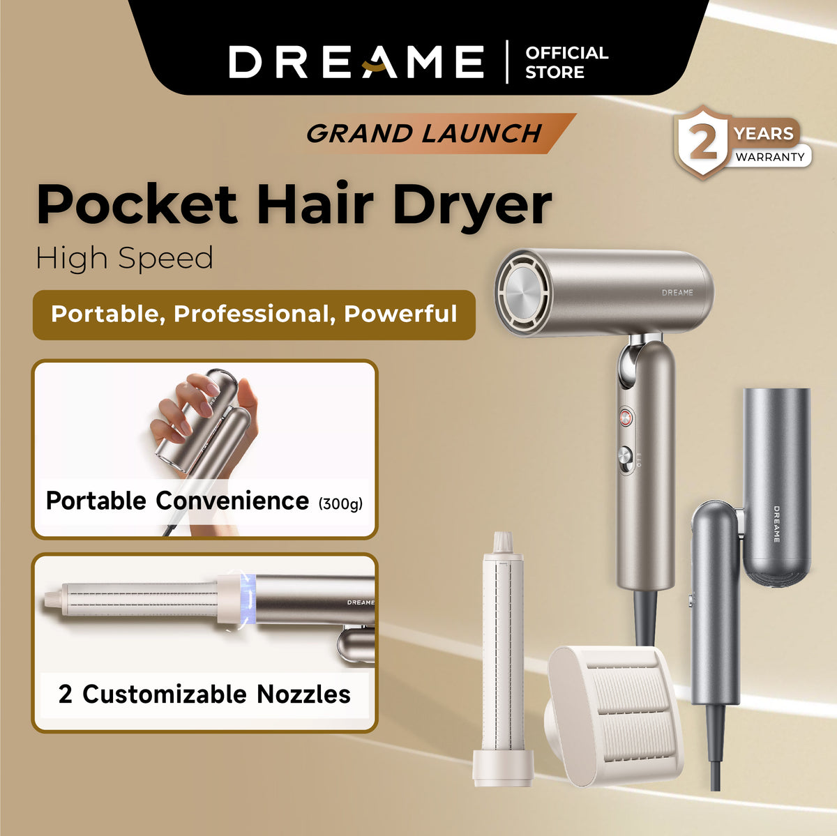 【NEW】 Dreame Pocket High-Speed Hair Dryer | Curling, Unfrizz Nozzles | 300g Portable, Powerful | 60dB