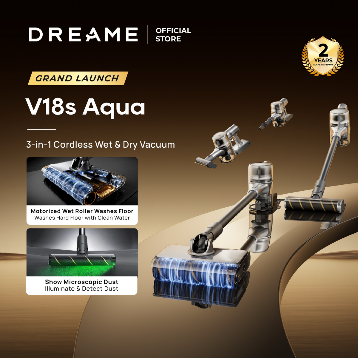 【GRAND LAUNCH】Dreame V18S Aqua Cordless Wet & Dry Vacuum | Wet Roller Washes Floor | Green Light Detect Microscopic Dust