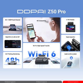 DDPAI Z50 Pro 4K GPS Front & Rear Super Capacitor Dash Cam with 4G Connectivity & ADAS