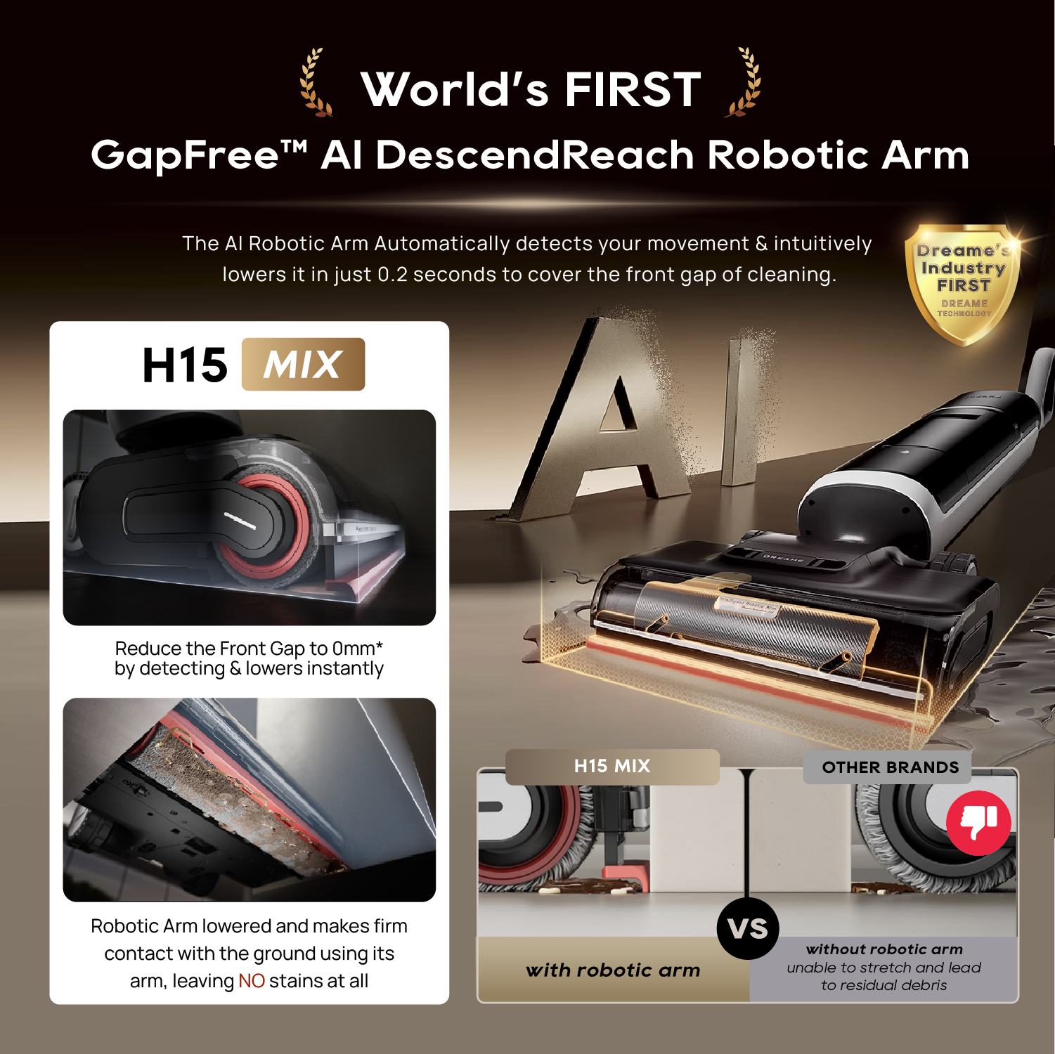 【GRAND LAUNCH】Dreame H15 Mix Wet and Dry Cordless Vacuum Cleaner | 6-IN-1 Versatile Vacuum | GapFree™AIDescendReachRoboticArm | TangleCut™2.0ResilientScraper