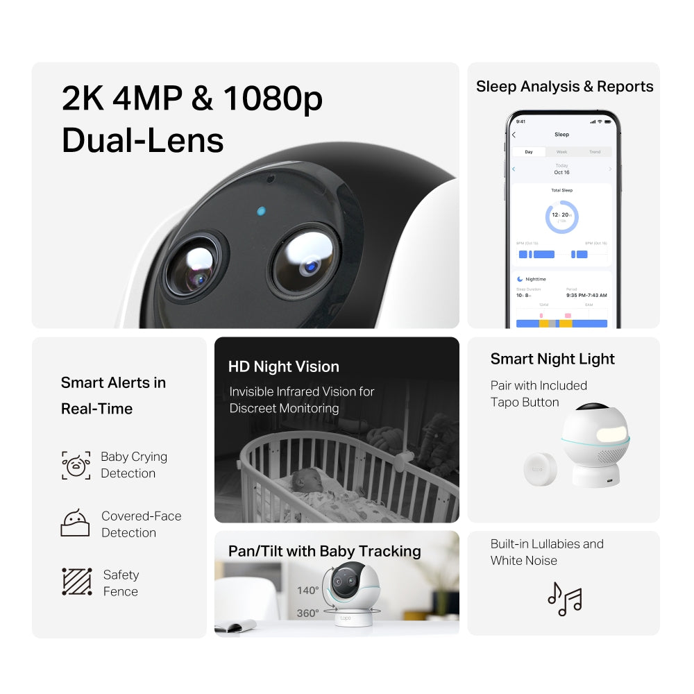 [WORLD FIRST] TAPO TP-LINK TC840 Baby Sleep Analysis Built In Lullabies White Noise Wall Ceiling Bed Mount 4MP Baby Cry