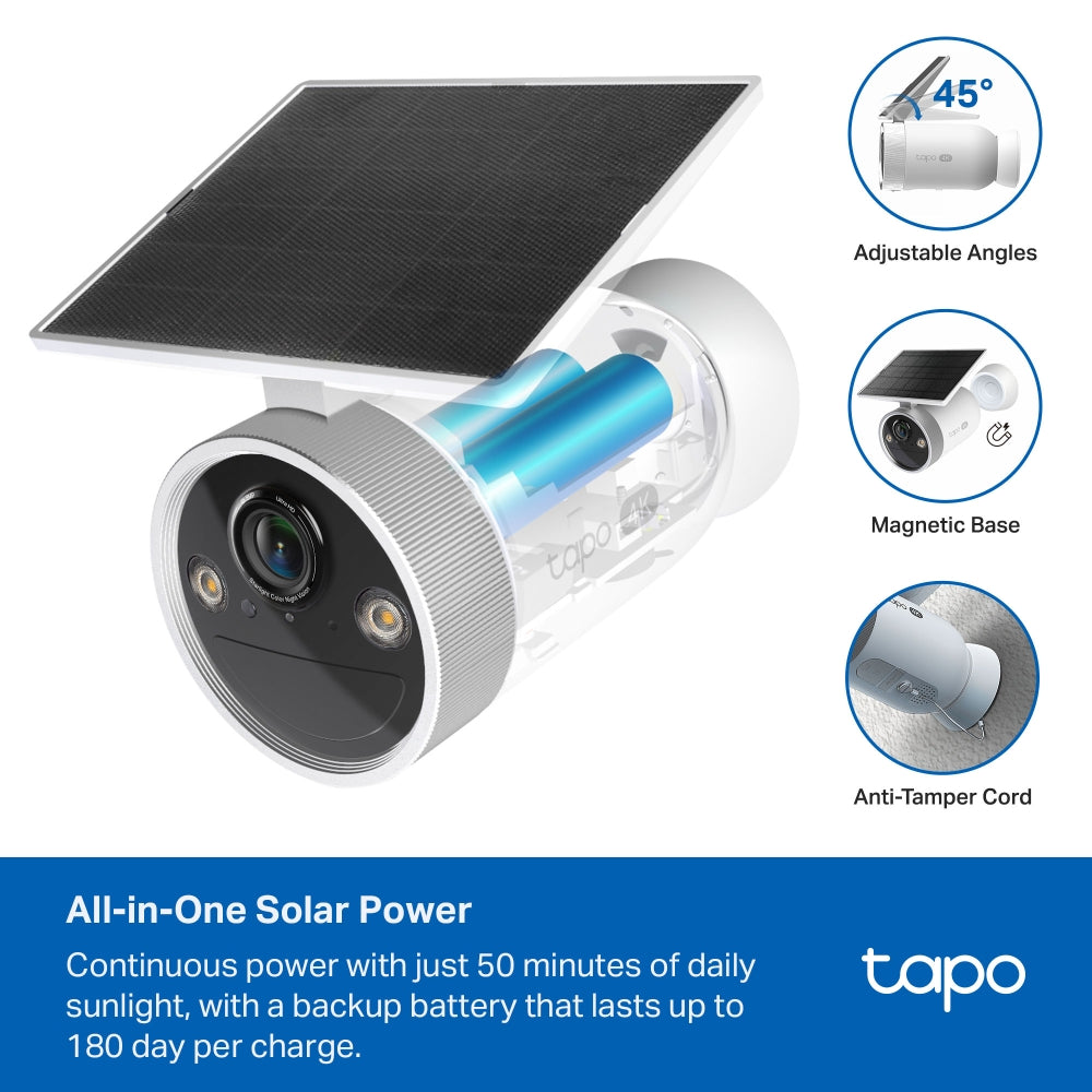 Tapo C465 4K 8MP Solar-Powered Outdoor Security Camera | Built-in Solar Panel | Up to 180-Day Battery | Starlight Colour Night Vision | Free Local AI Detection | IP65