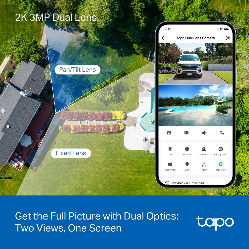 Tapo TC34 2K Dual-Lens Pan/Tilt Indoor & Outdoor Security Camera | 125° Wide + 6mm Telephoto | Smart Tracking | Colour Night Vision | Free AI Detection | IP65